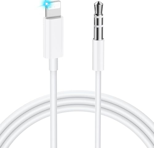 Rydkas Câble Aux pour téléphone, 1m Câble audio pour Lightning Jack 3,5mm Adaptateur casque pour iPhone 14/13/12/11, Utilisé pour autoradio, Haut-parleurs, Casque - Blanc
