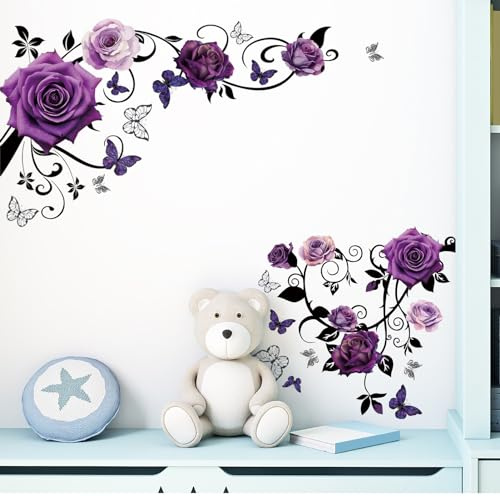 COVPAW Wandtattoo Wandaufkleber Lila Rosen Ranke Blumen Wandsticker Wohnzimmer Schlafzimmer Küche Büro Kinderzimmer Home Hause Raum usw. Dekoration (WLILARANKE4522)