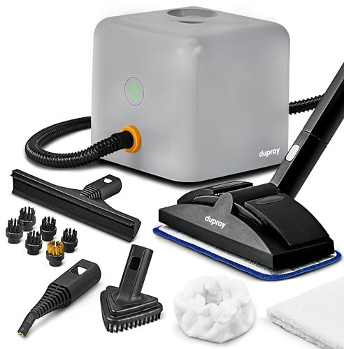 Dupray Neat Plus Steam Cleaner with 17-Piece Accessory Kit. A powerful multi-purpose steamer designed for deep cleaning floors, upholstery, grout, and more, offering versatile performance.