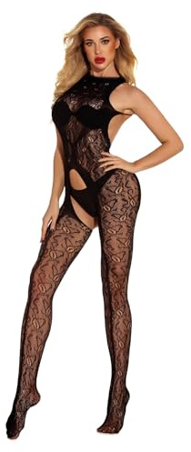 KeyinBox Sexy Bodystocking aus Spitze ärmellos mit offenem Schritt Rückenlos ouvert Netz Reizwäsche Catsuit Unterwäschen Netz Strumpfhose Frauen Bodysuit Nachtwäsche Ärmellos
