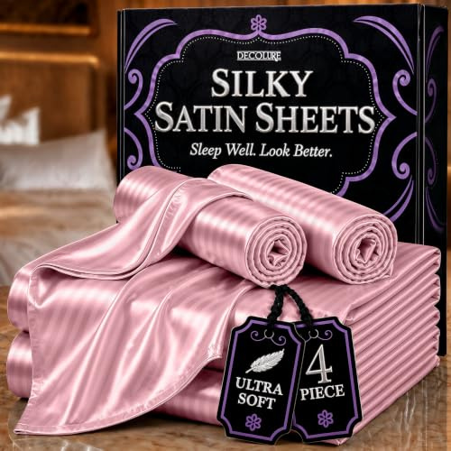 DECOLURE Satin-Bettwäsche-Set, 4-teilig, luxuriös, seidig, voller Größe, weicher als Seide, knitterfrei, mit 38,1 cm tiefem Spannbetttuch, perfekt für Haar und Haut, Geschenke für Frauen (gestreiftes