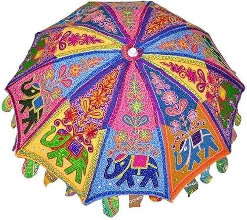 Embroidered Big Umbrella Indian Coton Handmade Decorative Multi-Color Elephant Print Garden Parasol Boho Sun Garden Patio Decor Gift Idea