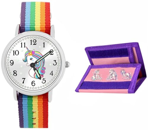 Brecjon Armbanduhr Mädchen Jungen Kinderuhr Einhorn Lernuhr 5ATM wasserdicht bunt Regenbogen