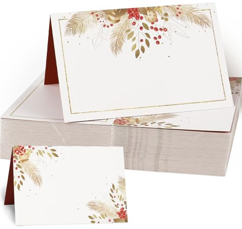 50pz Segnaposto Natalizio Cartellini Segnaposto Tavolo per Natale Compelanno Laurea Bigliettini Carta Rossa Foglie Oro Decorazione Festa Bomboniere (Rosso)