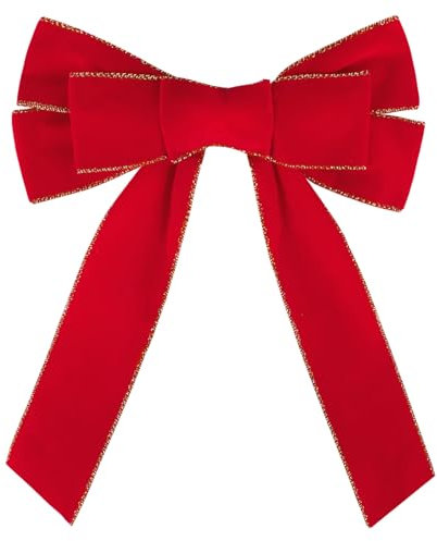 GEBETTER 6Pcs Lazos Rojos Navidad Tela Flocada Poliéster Bordes Hilo Dorado, Lazos Navideños Decoración Árbol Navidad Guirnalda Puerta Escalera Ventana Pared Casa Hogar Manualidades Adorno (23x30cm)