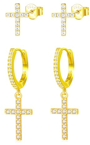 Hinvan Confezione da 2 Paia Orecchini Croce per Donna Uomo in Argento 925, Orecchini Uomo Diamante, Anello Orecchini Pendenti Donna Oro con Zirconia Cubica Piccoli