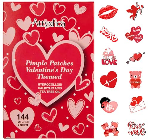 Hydrocolloid Pimple Patches Cute Heart - 144 Count Pimple Patches for Face, Acne Patches for Zits and Blemishes, Spot Treatment Stickers w/Salicylic Acid & Tea Tree Oil, 2 Sizes & 12 Patterns