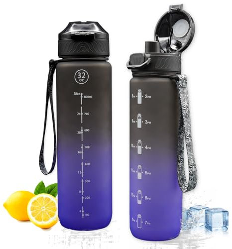 NAVTUE Trinkflasche, 1l Wasserflasche mit BPA-frei, Zeitmarkierungen, Auslaufsicher Sport trinkflasche für Fitness, Radfahren, Büro, Laufen, Fitnessstudio, Yoga (SchwarzBlau)