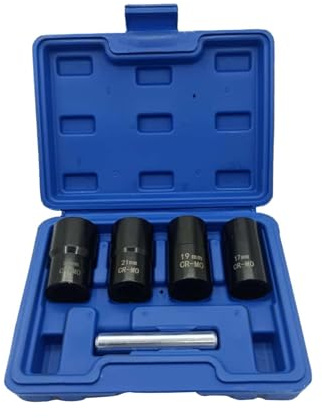 Ronyme - Juego de 5 herramientas de impacto con llave de vaso y barra de extracción de tuercas, métricas de 17 mm, 19 mm, 21 mm y 22 mm, con caja de almacenamiento, para quitar tuercas dañadas, caja
