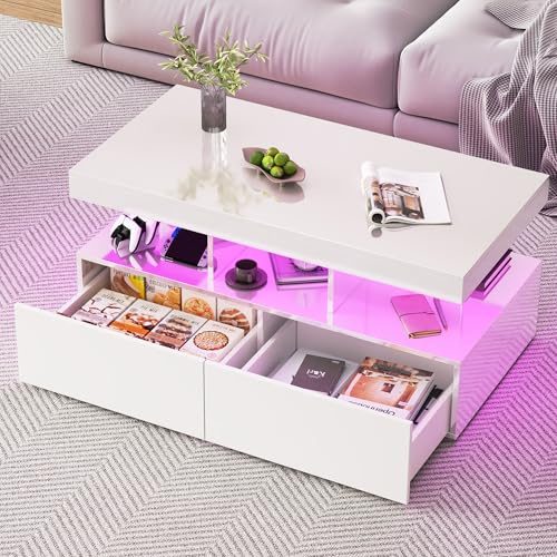Fofetbfo Couchtisch Weiß, Wohnzimmertisch Hochglanz mit LED-Beleuchtung, Kaffeetisch mit 2 Schubladen, Beistelltisch Sofatisch mit Stauraum, Modern, Glatter Desktop 104x46x53 cm (Weiß)