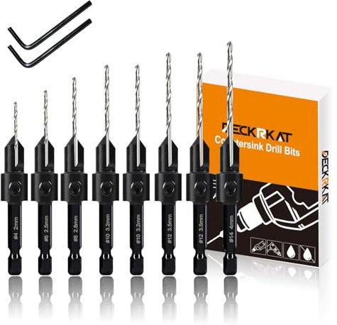 8 Pack Woodworking Countersink Drill Bits Set 3in1, Heavy Duty 6542 Pilot Drill Bits Depth Adjustable, 82-Degree Chamfer, 6mm Hex Shank, for #4#6#8#10#12#14 Screws in Soft & Hard Wood