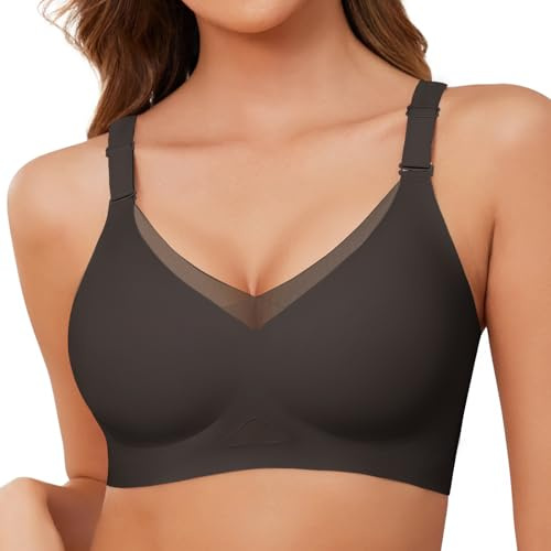Lonya Bras for Women Seamless Support Mesh Crossover V Neck Full Coverage Wireless Everyday Push Up T-Shirt Bra Black,M