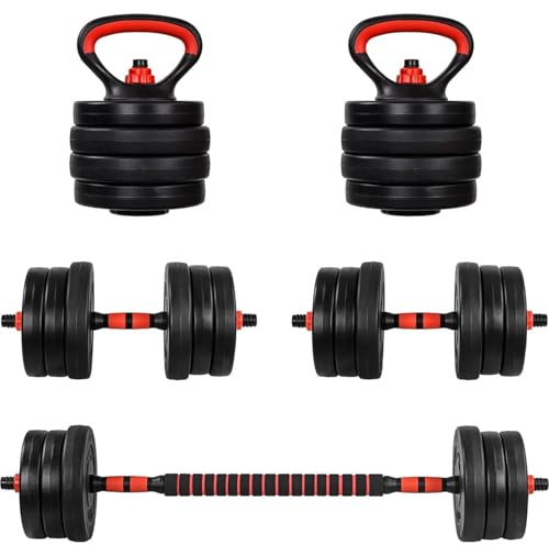 MOVIT® Hanteln Set 6in1, 20/30 kg, Verstellbar, Kunststoff, Push Up Griffe | Schwarz und Rot/Orange, mit rutschfesten Griffen und gepolstertem Langhantel-Verbinder; Dumbbell Set, Kettlebell, Kurzhanteln
