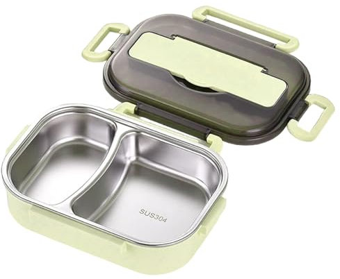 Hbbgdiy 2-Compartment Stainless Steel Thermal Lunch Box, Leakproof Insulated Food Container with Cutlery Holder, Portable Hot Food Lunch Box for Kids & Adults