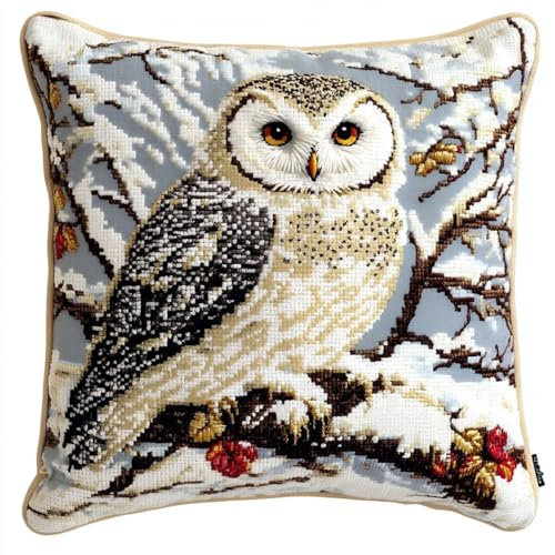 ORLUMY Latch Hook Kits for Adults,Snowy Owl Beginners DIY Crochet Pillow Kit Pre-Printed Pillowcase Hook and Latch Rug Kits Needlework Cushion Cover for Home Sofa Decoration 17X17 Inch