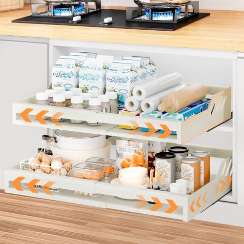 HumiLuft Ausziehbare Schublade Küche, 1 Stück Verbesserter Küchenschrank Auszug mit Kippschutz, 32-54cm Erweiterbarer Teleskopschublade, Ausziehbares Regal Unter der Spüle mit Schienensystem