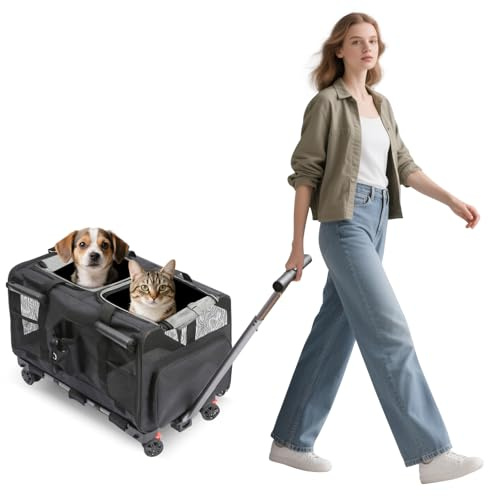 PETCUTE Transportín para Mascotas con Ruedas y Dos Compartimentos,Carga de 17,5 kg,Transportin Gatos Perros con Guinzaglio di Sicurezza,Transportador Plegable para 2 Gatos,para Paseo/Camping,Negro