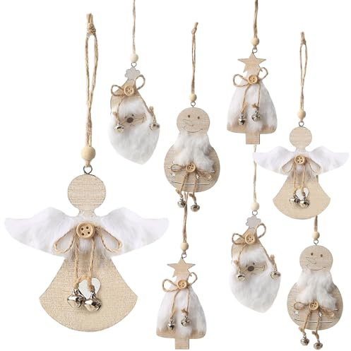 DAHI 8 Pcs Décoration Sapin Noël en Bois, 4 Styles Bonhomme de Neige, Père, Arbre, Ange, Decoration Noel en Bois à Suspendre, Boules de Noël (Blanc + Couleur Bois)