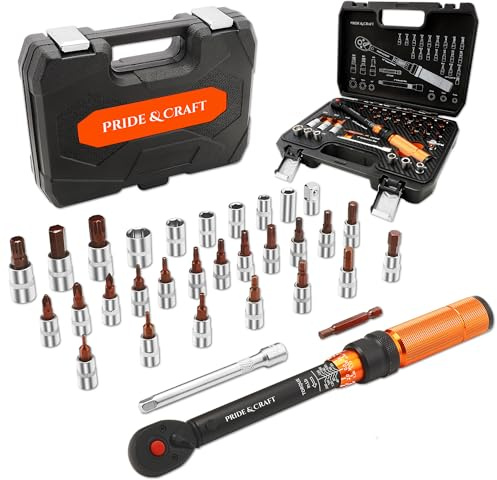 PRIDE&CRAFT 32Pcs Torque Wrench Set, 1/4 Inch Drive, 10-220 IN.LB Inch Pound Click Torque Wrench with Bit Sockets, 3/8 Adapter,Accuracy: ±3% Adjustable Torque Wrench for Bike, Motorcycle, Car