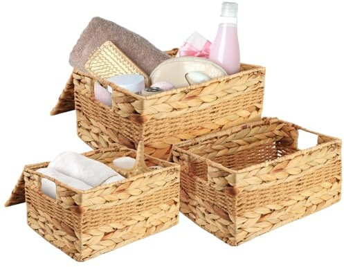 Lot de 3 paniers de rangement rectangulaires en jacinthe d'eau avec poignées et couvercles intégrés – Panier de garde-manger rectangulaire tissé à la main pour l'organisation des étagères