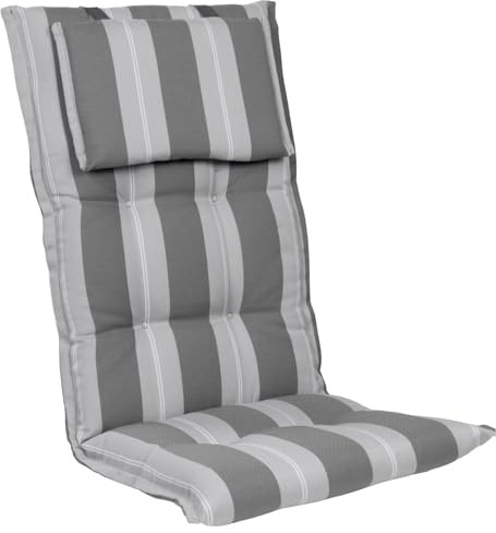 Homeoutfit24 Gartenstuhlauflagen Hochlehner – 4er Set – Extra Dick 8 cm – Mit Kopfpolster – Oeko-TEX – UV-beständig – Anthrazit-Streifen – Made in EU – Outdoor Auflagen für Gartenstühle