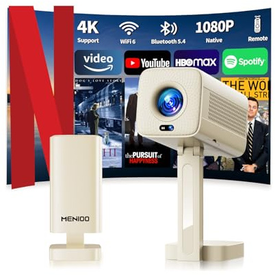 [App intégrée] Vidéoprojecteur 2026 avec Supporte 4K 1080P Projecteur Video Auto Focus & Keystone Correction 180° Rotation avec WiFi 6 et Bluetooth 5.4 Mini projecteur, avec HDMI/TV Stick/USB/ - Beige