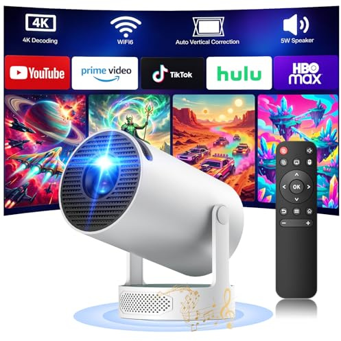 Vidéoprojecteur Ultra Courte Focale, Mini Projecteur Compatible 4K avec Haut-Parleur Android TV WiFi 6 Bluetooth 5.0, Rotation 220° Auto Keystone, Rétroprojecteur Portable Cinéma Maison Téléphone