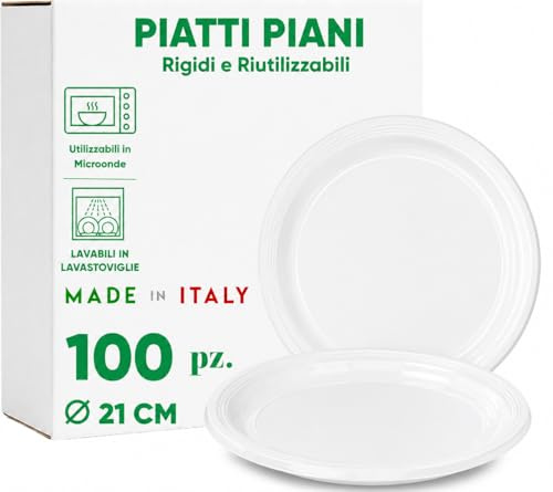 Generico Piatti Piani di Plastica Rigidi Riutilizzabili 21 cm – 100 Pezzi, Idonei Microonde e Lavastoviglie, Made in Italy