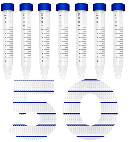 Lot de 50 tubes à centrifugeuse coniques de 15 ml en plastique stérile avec bouchons à vis, récipient en polypropylène de laboratoire avec emplacement gradué et inscriptible, sans DN/RNase