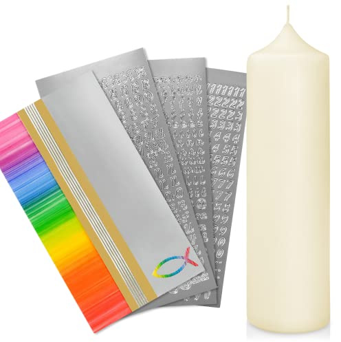 WikaLjus rohling set för dop, bröllop eller kommunion själv inklusive bokstäver för fastsättning, vaxmotivering vaxplattor och vaxränder | Välj storlek och färger nu Kerze 25x7 cm | Creme Regnbåge guld | silver med fisk