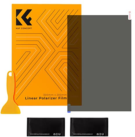 K&F CONCEPT Filtre Polarisant, 300 x 200 x 0,2 mm, Feuille linéaire 90 Degré, Film Protection Auto-adhésif avec Raclette et 2 Sachets de Lingettes