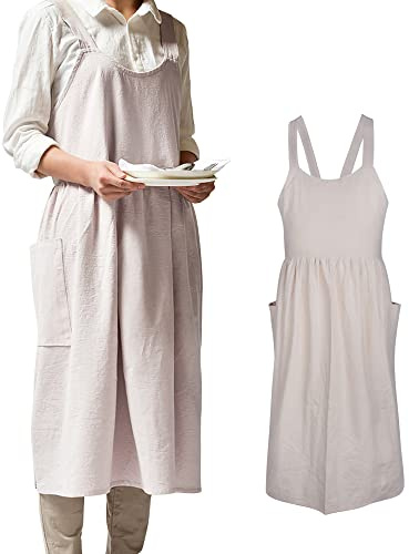 Small snail Enfärgad Förkläde av Bomullslinne Med Stora Fickor Japansk Stil Cross Bandage Halter Pinafore Retro Literature Art Baggy Bib Förkläden Kvinnor för Matlagning Trädgårdsskötsel Beige