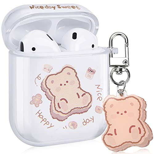 Transparente AirPods-Hülle mit Bären-Schlüsselanhänger, süßes Cartoon-Bär-Design, vollständige Schutzhülle, Silikon, kompatibel mit AirPod 2 & 1 Hülle für Kinder und Damen (braun)