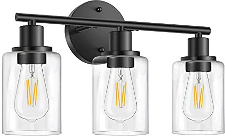 VOMI Spiegellicht Badezimmer Kreatives 3 Flammen Design Retro Industrie Wandleuchte mit Transparentem Glasschirm Innen Vintage Wandlampe E26 für Schminktisch Spiegelschrank Küche Wohnzimmer,Schwarz