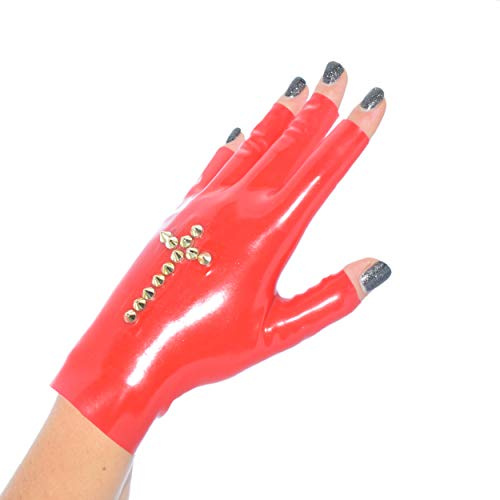 Rubberfashion Latex Handschuhe kurz - Rubber Gloves Kreuz - kurze fingerlose Handschuhe bis Handgelenk für Damen und Herren Rot 0.4mm L/Handschuhgröße: 9