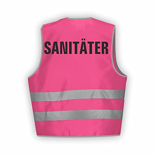 Fassbender-Druck WARNWESTEN - Sicherheitsweste PINK Warnweste nach EN ISO 20471 zertifiziert - Warn Weste SANITÄTER - Unisex mit hochwertigem Reflektorstreifen (PINK I M/L I 10er Set)
