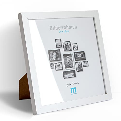 Zeitlos, moderner Bilderrahmen aus MDF, weiß für 20x20 cm kleine Fotos und Bilder. Inkl. Acrylglasschutz. Er eignet sich als Tisch-Aufsteller und für die Wand, im Hochformat oder Querformat.