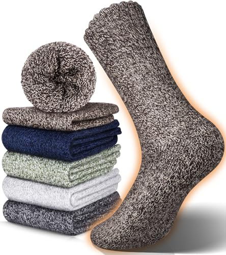 Reamphy Merino Herren Socken Wandersocken Thermosocken, 5 Paar Outdoor Warme Dicke Wollsocken Merinowolle Wintersocken