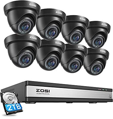 ZOSI 1080P Kit de Cámara de Vigilancia 16CH H.265+ Grabador DVR con 8pcs 2MP CCTV Cámara de Seguridad, Visión Nocturna IR, Alarma de Movimiento, 2TB Disco Duro Incluido