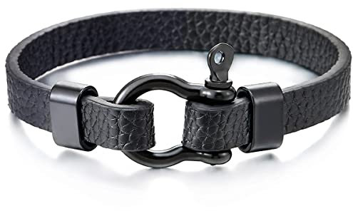 COOLSTEELANDBEYOND Schwarz Schraube Anker Damen Herren Schwarz Leder Armband, Nautisch Matrose Wickeln Strap Schweissband