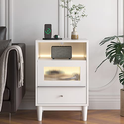 Jehiatek Bedside Table with Charging Station & LED Lights, Nightstand with 2 Drawers & USB Ports, Modern Bedside Cabinet with Socket & Open Compartmentfor Bedroom, 40×35×60CM, White