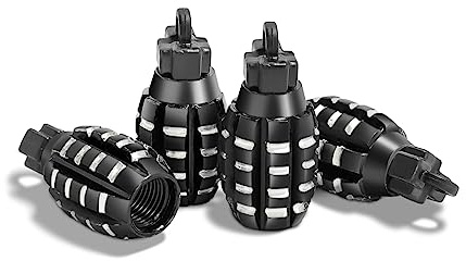 CGEAMDY 4 Stück Ventilkappen in Granatenform, Handgranaten-Stil Aluminium Auto Rreifen Ventilkappen, Handgranate Style Reifen Ventilkappen Für Auto Motorrad (Schwarz)