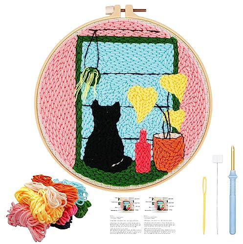 JSRQT Kit Punch Needle Debutant Katze Stanznadel Stickerei Starter Kit für Anfänger Kinder Erwachsene Punch Needle Embroidery Starter Kit Broderie Debutant mit Instruction Stanznadelstoff Muster Set