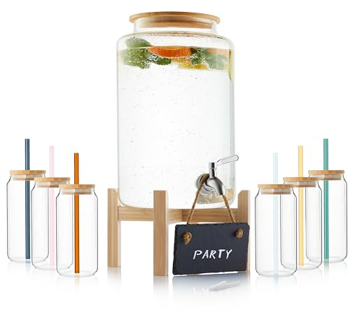 Sänger | Bowle Set Mit Glas Strohhalmen, Gläsern und Gefäß, Deckel Aus Holz, Getränkespender Mit Zapfhahn, 6 Gläser, Für Glühwein, 7,8 Liter Glasbehälter