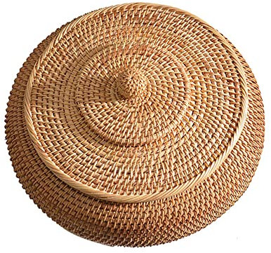 Cesto Portaoggetti in Rattan Intrecciato a Mano, Scatole Rotonde con Coperchio per Pane, Verdure, Frutta, Cibo, Chiavi, Cavo Telecomando