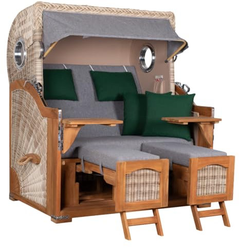MR. DEKO Strandkorb Düne Grande XL 2,5-Sitzer Teak | PE Geflecht Shell | Volllieger Strandstuhl mit Bullauge inkl. 2 Fußablagen | je 2 Kissen und Nackenkissen | Strandkörbe aus Teakholz (Dessin 571)