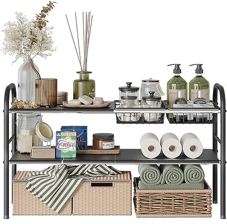 NETEL Expandable Under Sink Organiser, 2 Tier Under Sink Storage Height Adjustable, With 2 Metal basket and 6 ABS Panels, Metal Frame, Kitchen Cupboard Organiser, Width 52-82cm