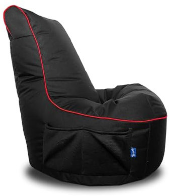 Bruni Cockpit – schwarzer Gaming-Sitzsack zum Zocken mit Lehne und Fach, Indoor und Outdoor geeignet, in Deutschland gefertigt (Schwarz/Rot)