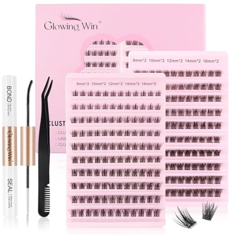 Glowing Win Einzelne Wimpern Extensions Set Individual Cluster Lashes Kit | 8-16mm, mit Bond&Sea&Applikator, Zwei Packungen,DIY Natürliche Künstliche Wimpern Fake Eyelashes