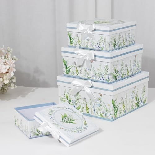 Tableclothsfactory Set of 4 White Green Floral Nesting Gift Boxes with Lids, Square Stackable Heavy Duty Cardstock Keepsake Boxes, Cupcake Dessert Display Stand - 6,7,8,9 for Party & Decorations